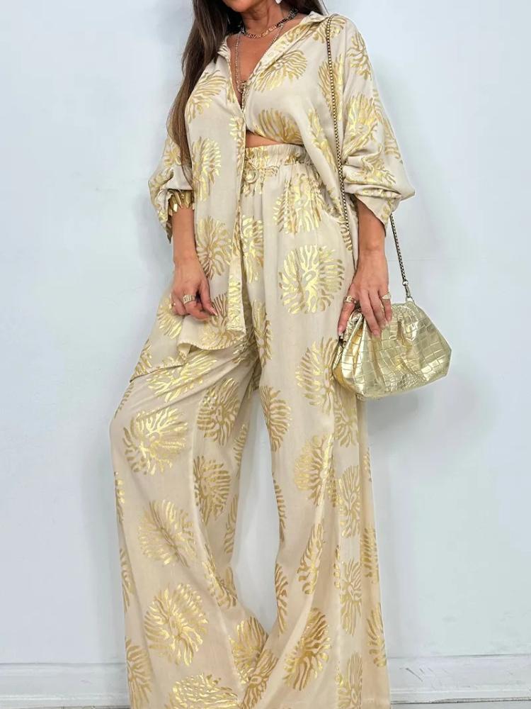 Casual Wide-Leg Pants Set with Gold Floral Print, Multiple Colors