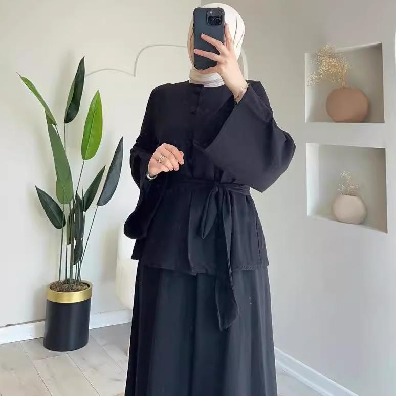 2024 Autumn Women's Solid Color Lace-up Slim-fit Top and Casual Midi Skirt Set