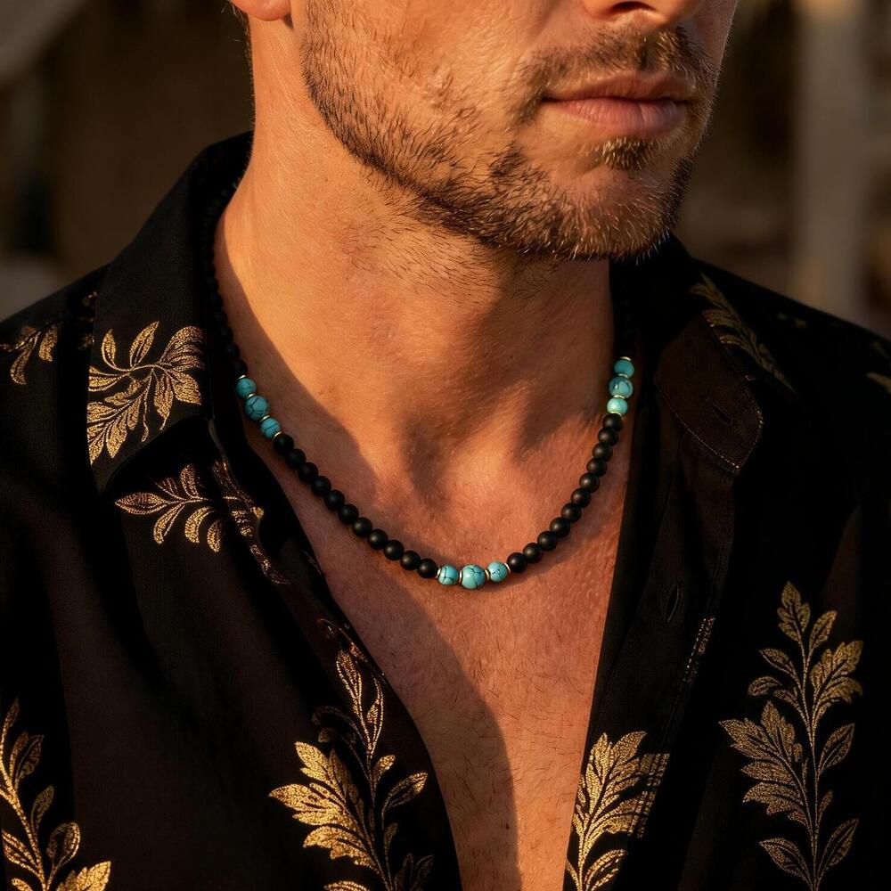 Casual Turquoise Beaded Necklaces for Men Boys,Summer Beach Tiger Eye Stone Collar,Waterproof Swimming Jewelry Gift
