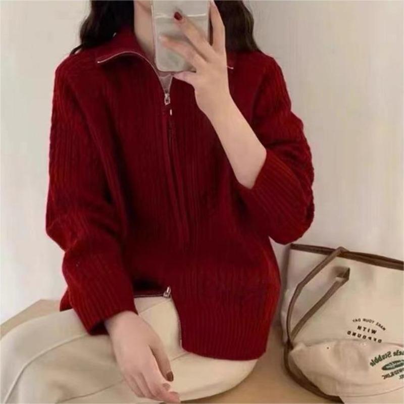 Pulover de damă de toamnă și iarnă, cu fermoar dublu, de culoare uni, tricot răsucit