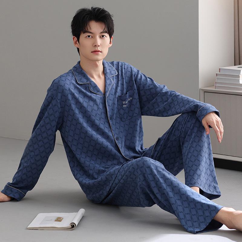 Men's pajamas spring and autumn pure cotton long-sleeved cardigan spring and autumn men's dad plus size cotton loungewear set