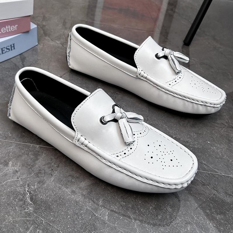 Fashion 2025 Men Brogue Loafers Leather Casual Driving Shoes Slip-On Comfort with Perforated Design Rubber Sole Breathable Daily Wear