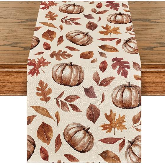 Artoid Mode Maple Leaves Pumpkin 210 GSM Fall Table Runner, Seasonal Harvest Autumn Kitchen Dining Table Decoration for Home Party Decor 13x60 Inch