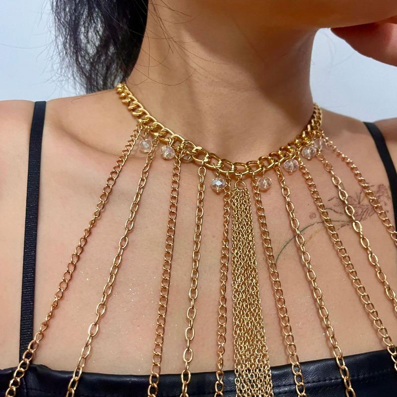 Vintage exaggerated tassel body chain, crystal tassel bra chain, sexy bikini waist chain
