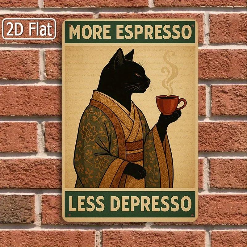 [1pc Sign] Coffee Tin Sign, More Espresso Less Depresso, Black Cat Design, Funny Cafe Sign, Coffee Shop Decor, Modern Wall Art