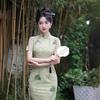 1011 Summer New Mesh Printing Side Buckle Long Cheongsam Improved Green Dress Waist Thin Women's Cheongsam
