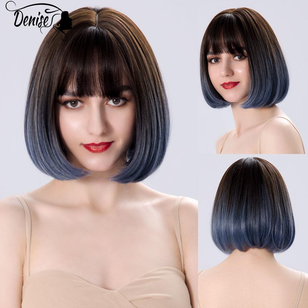 Bob Wig Straight Short Black To Blue Ombre Daily Synthetic Wigs For Women With Bangs Nutural  Heat Resistant Fiber Cosplay Hair