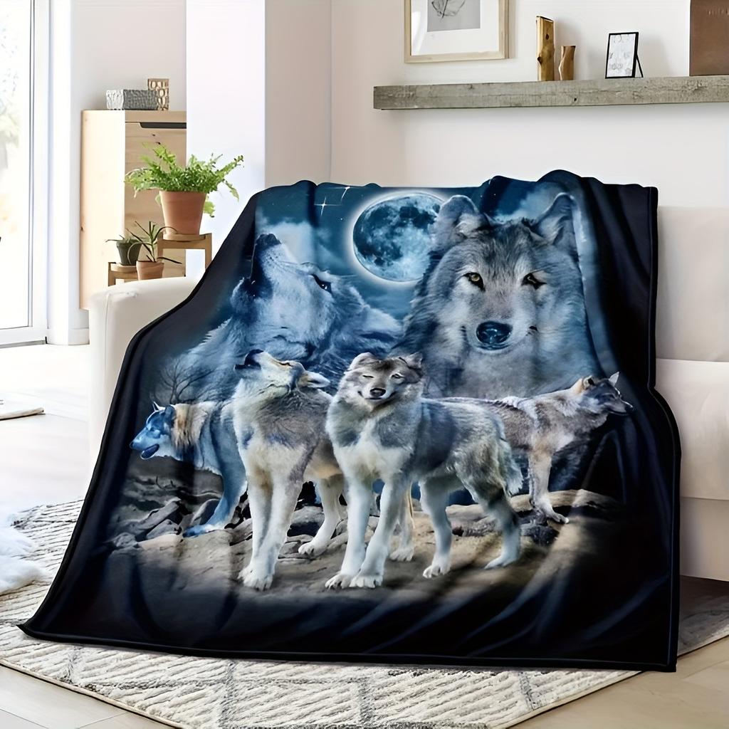 Wolf Animal Blanket Moon Print Flannel Blanket Bedding Sofa Blanket