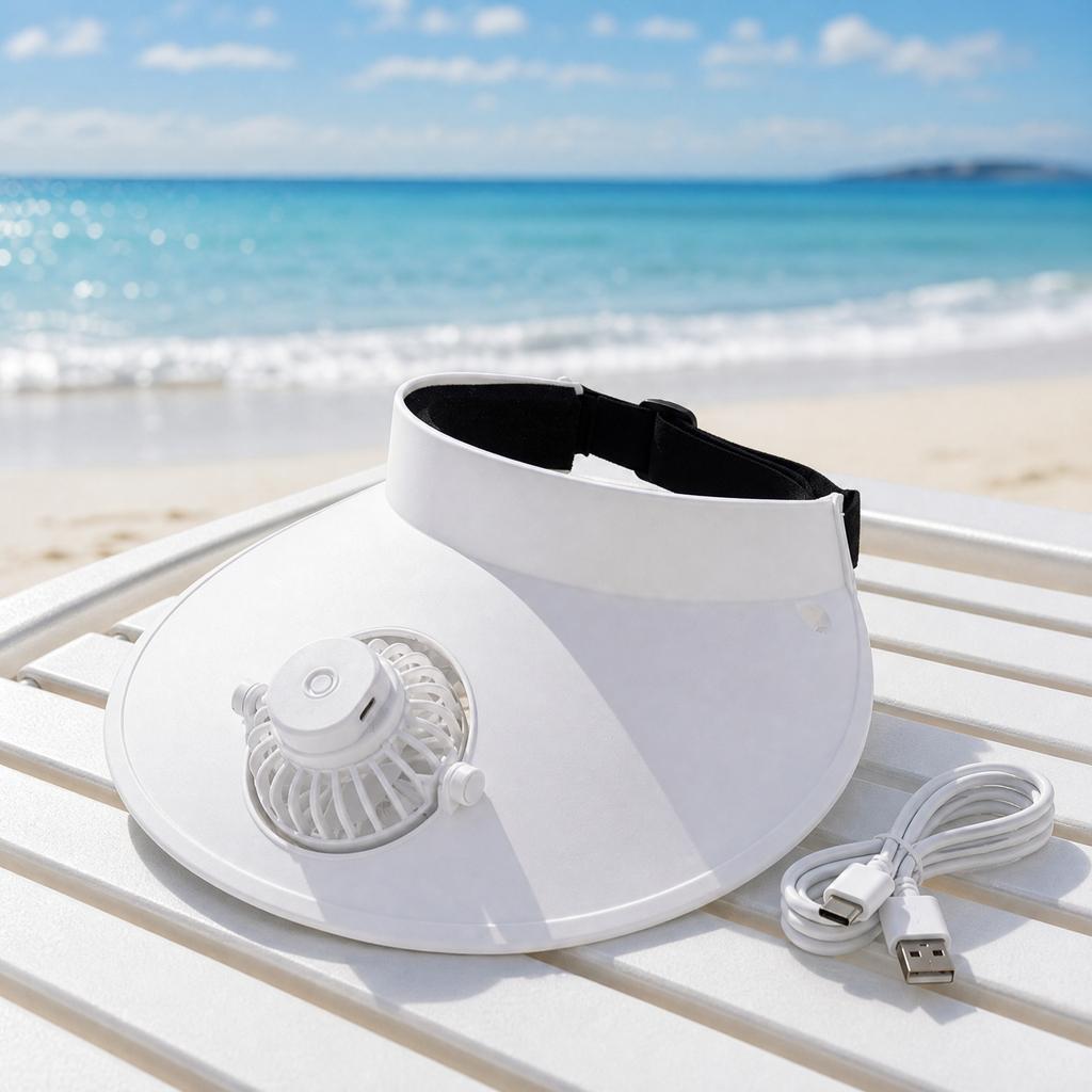 Adjustable Outdoor Sun Visor Hat with Built-In Rechargeable Fan Three-Speed Settings Lightweight Breathable Design for Summer Activities