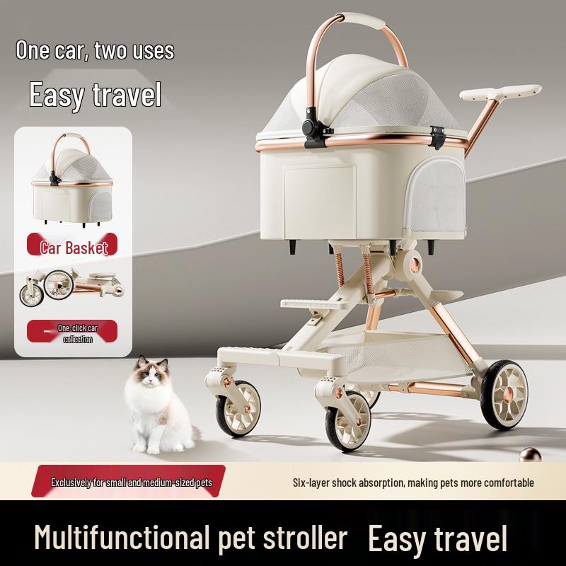 

Six-Fold Shock Absorption Pet Stroller for Small & Medium Dogs, One-Button Fold with Detachable Carrier A618 Beige Six-fold Shock Absorption