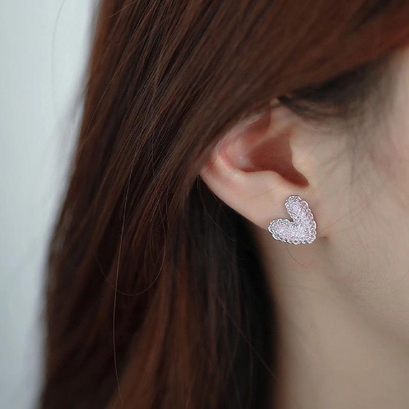 HEFANG Tulip Sterling Silver Heart Stud Earrings with Full Diamond and Epoxy Design.