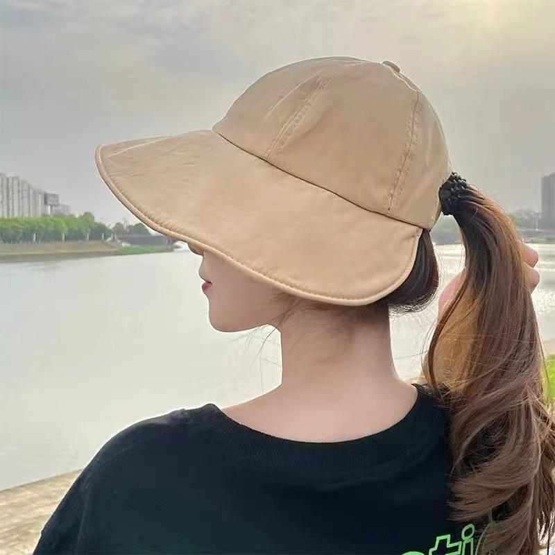 

Women Summer Sunhat Cotton Ponytail Bucket Hat Outdoor Beach Adjustable Sun Visor Hats Solid Color Foldable Panama Fisherman Cap