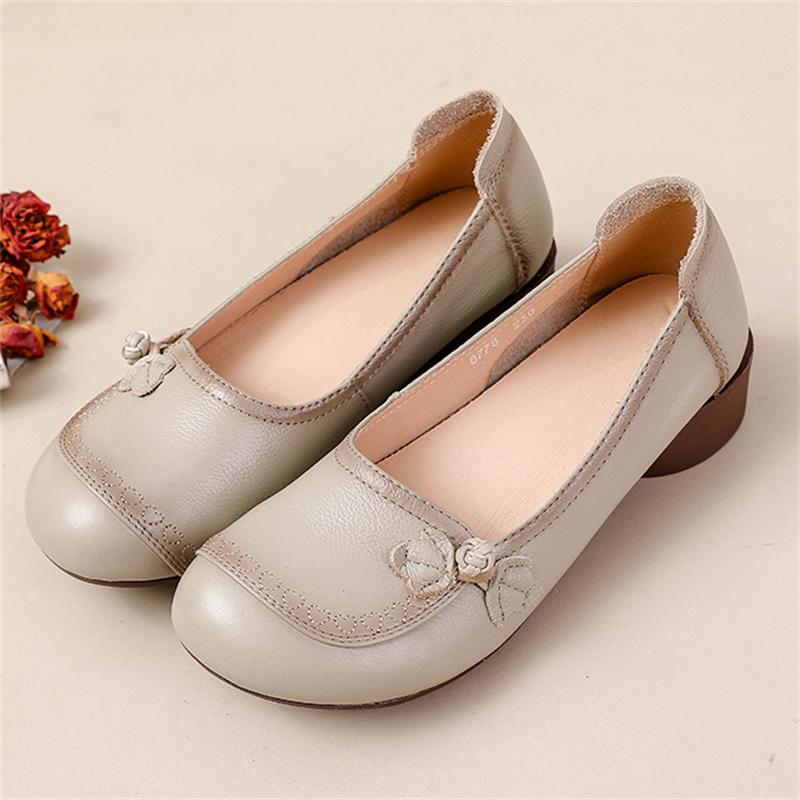 Genuine Leather Women's Shoes Low Heeled Retro Cowhide Single Shoes Women Shallow Mouth Loafers Ladies Casual Comfortable Shoes