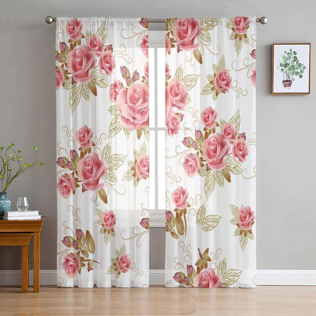 Valentine'S Day Flower Red Rose Flower Tulle Curtains for Living Room Kitchen Sheer Voile Curtain Bedroom Window Panels