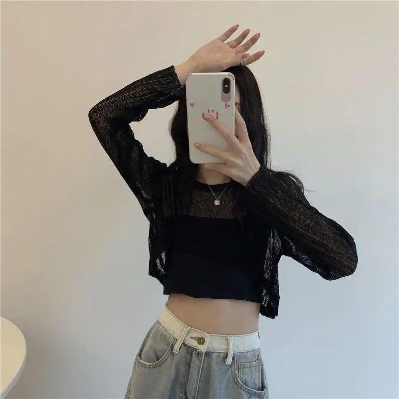 Long Sleeved Hollow Knit Sunscreen Blouse Slim Thin Pullover Women's Crop Top Simple Casual Commuting Spring Summer