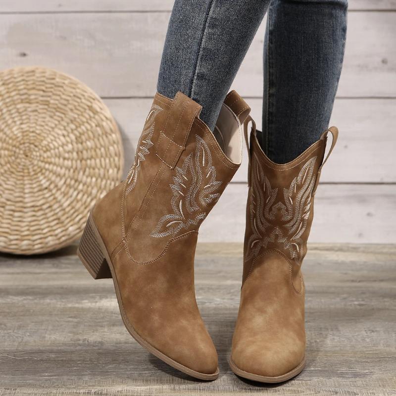 Shoes for Women New Embroidered Western Cowboy Boots Women Autumn Pointed Toe Thick Heel High Knee Boots Woman Botas De Mujer