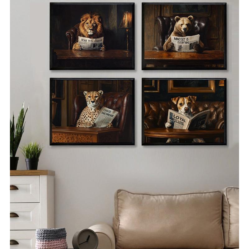 Cartoon Abstract Funny Office Animal Leader Read Newspaper Poster Canvas Painting Printing Art Picture Home Room Wall Decor Gift