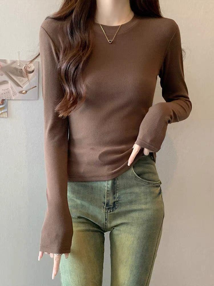 Burgundy Spicy Girl Long Sleeve Slimming T-Shirt for Women - Straight Shoulder, Autumn/Winter Style.
