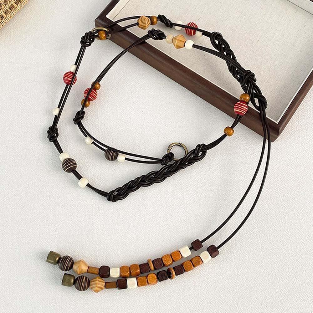 Resin Ethnic Style Weaving Waistband PU Retro Tassel Waist Chain Wood Beads Belt  Cool Girls