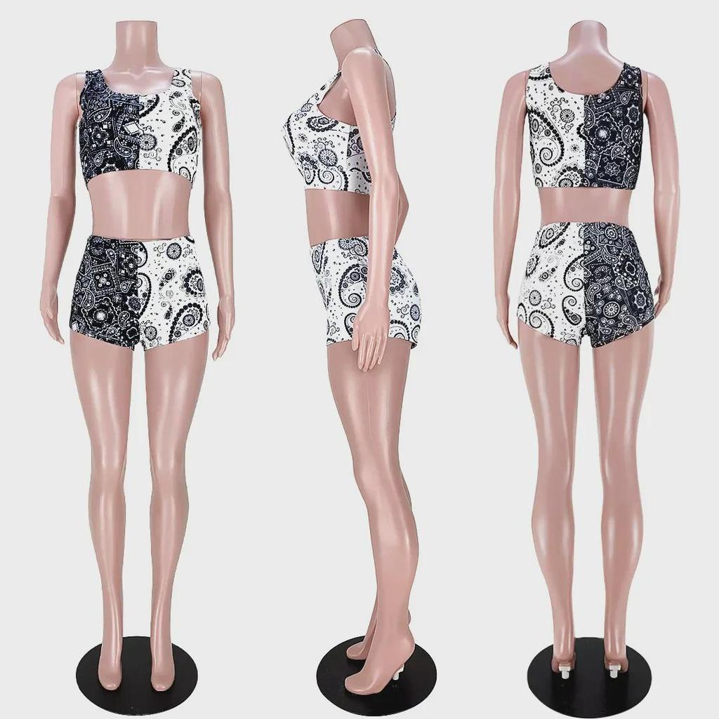 Women's European & American Contrast Color Sports Vest and Printed Pants Set