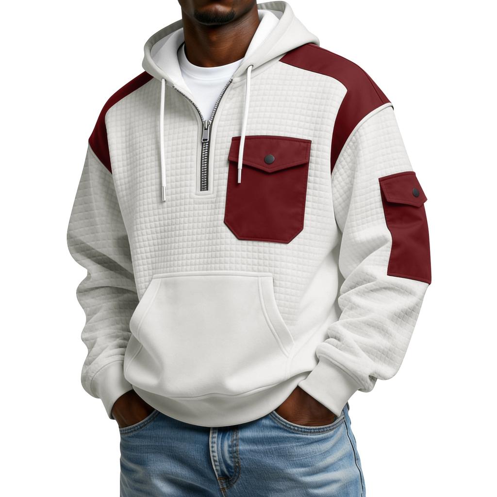 Men's Winter Color Blocked Button-Down Collar Multi-Pocket Hoodie Men's Sports Plus Size Casual Sweatshirt