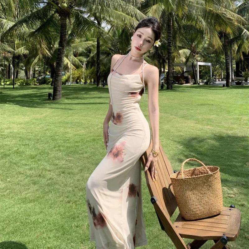 Neuer Chinesischer Stil Heißes Mädchen Hosenträgerkleid Stilvolles Design Taillenbetonend Strandurlaub Hüftbedeckend Langes Kleid