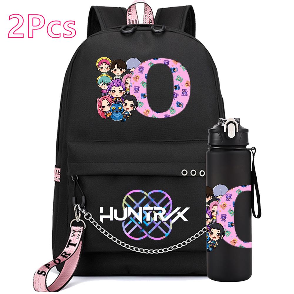 2Pcs/set 26 English Letter K-pop Printed Backpack with 750Ml Water Bottler for Teenager Girl Boy Bookbag Kid Gift Large Capacity Waterproof Travel Bag