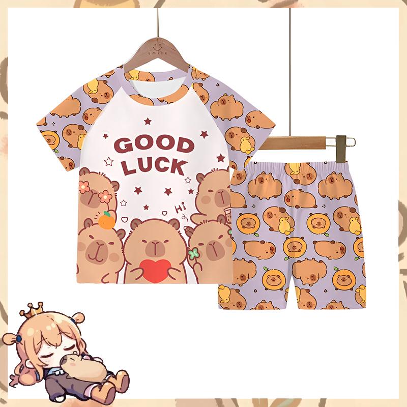 Детский пижамный комплект с морской свинкой, летняя мультяшная пижама с короткими рукавами, с рисунком гамбургера, дышащая, подходит как для мальчиков, так и для девочек 150