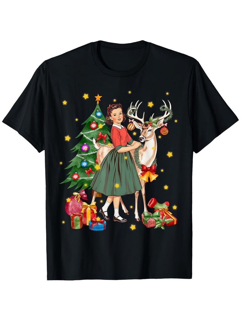 1950S Vintage Christmas T-Shirt Featuring a Girl And Reindeer, Designed with a Crew Neck And Slight