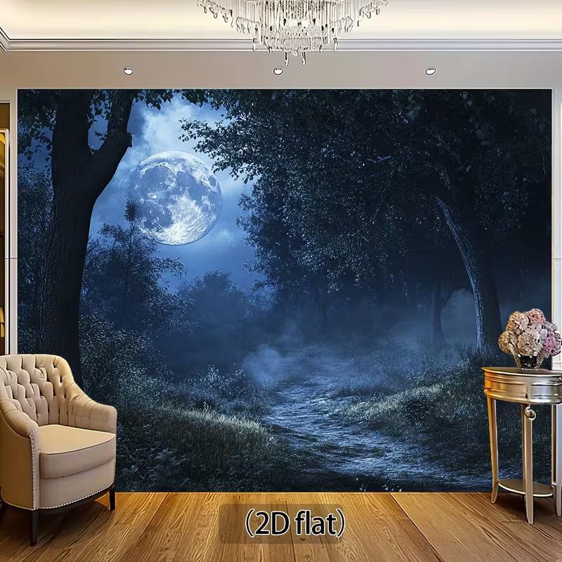 2D Magical Night Forest with Glowing Full Moon Photo Booth Background