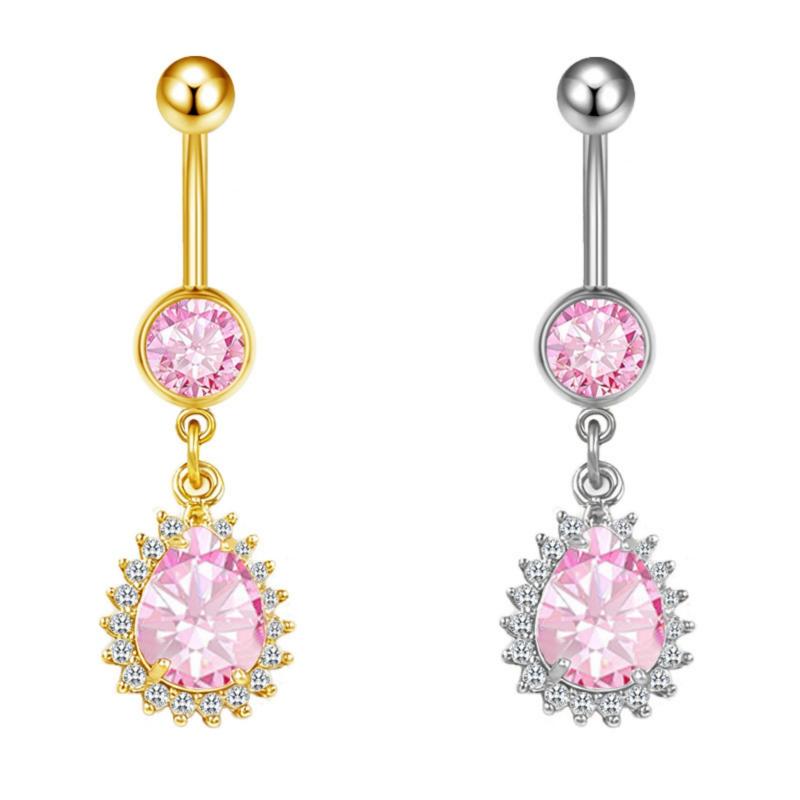 Fashion Pink Crystal Crown Belly Button Rings Stainless Steel Long Pendant Butterfly Heart Navel Piercing For Women Jewelry