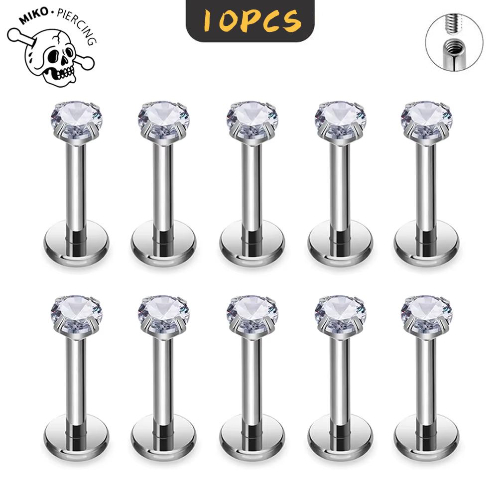 10Pc ASTM F136 G23 Titanium Labret Ear Lip Stud Jewelry CZ Stone Cartilage Tragus Earring Tongue Studs Threaded Body Jewelry