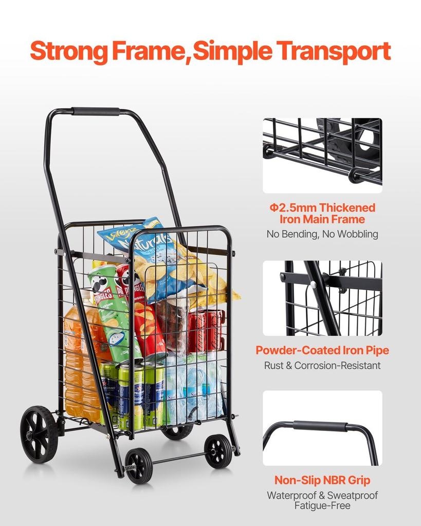 Shopping Cart, Folding Grocery Utility Cart with Swivel Wheels, 40.8 kg Large Load Capacity, Heavy Duty Rolling Laundry Basket Butler for Laundry,