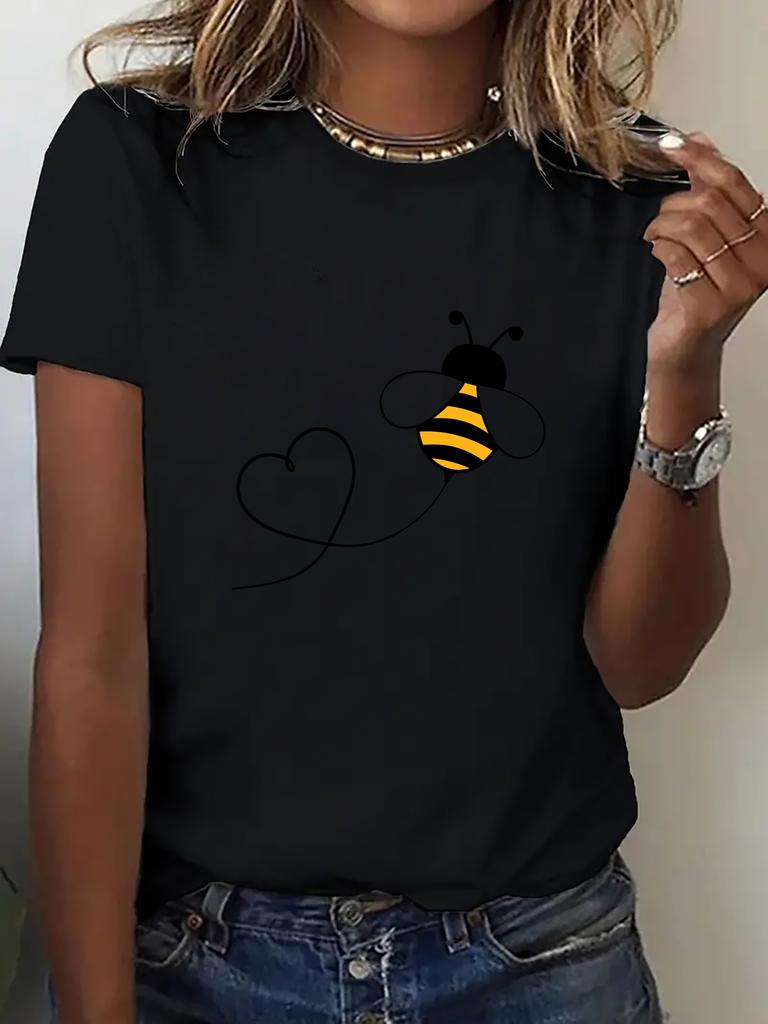 Damen Lässiges Sportliches T-Shirt mit Niedlichem Bienen- & Herz-Design Harajuku Ärmel Lässige Kleidung Street Tops T-Shirts Ästhetische Kleidung