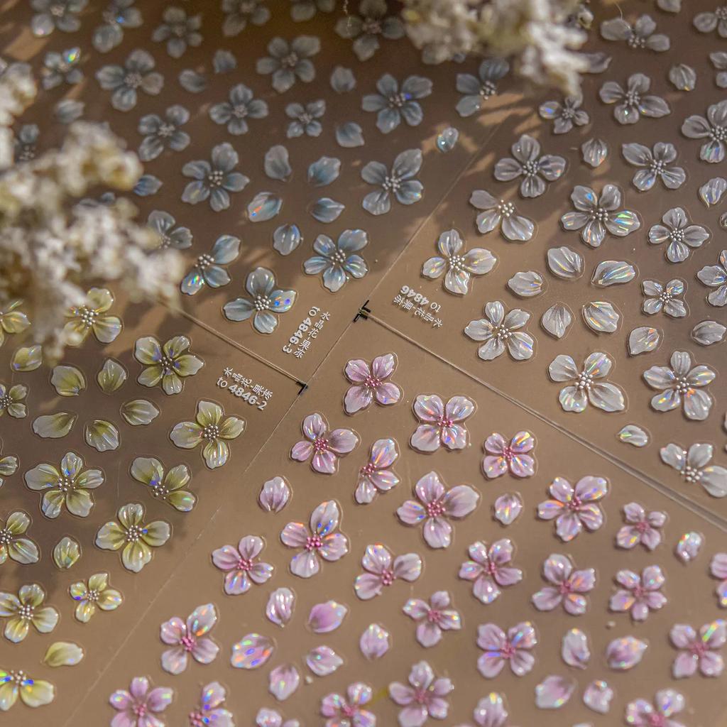 Cherry Blossom Pink Flower Sakura Spring 5D Nail Art Sticker Gold Stamping Soft Adhesive Relief Adhesive Chic Manicure Decals