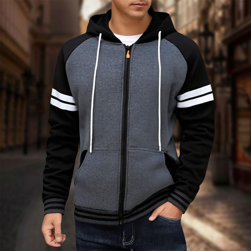 Mens Full Zip Hoodies Striped Color Block Casual Hooded Sweatshirts With Pockets Fashion Patchwork Jackets Outwear
