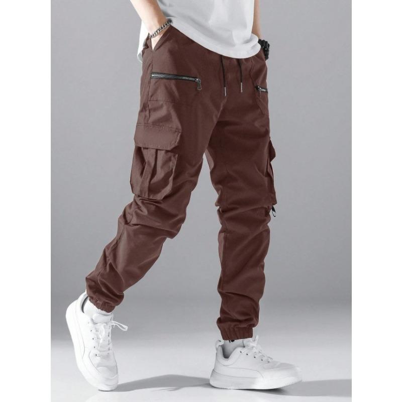 

Men Elastic Waist Cargo Pants Multi Zipper Pocket Joggers Casual Streetwear Outdoor Slim Long Trousers S коричневый