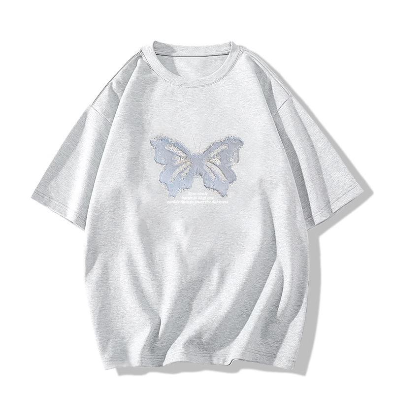Butterfly Short-sleeved T-shirt Women's Summer New Design Sense Niche French Sweet Top Korean Chic Pure Cotton Half-sleeve
