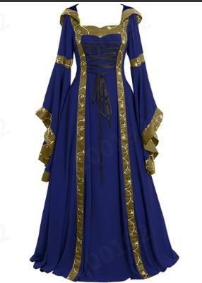 Women Medieval Renaissance Hooded Maxi Dress Square Front Lace Up Flare Bell Sleeve Full Swing Gown S-5XL Plus Size