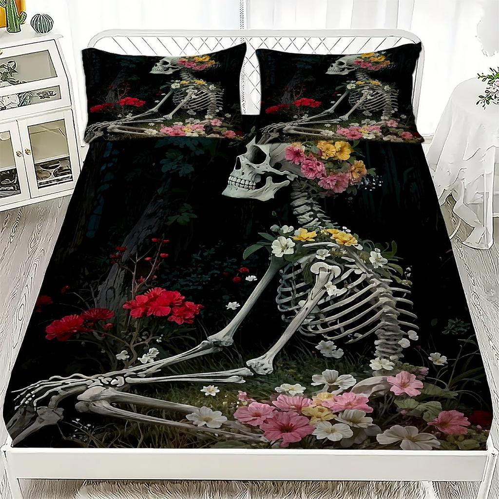 3pcs Halloween Bedding Set Cartoon Skeleton Pattern Fitted Sheet Bedroom Decor for Kids Halloween Decoration Bedding Set
