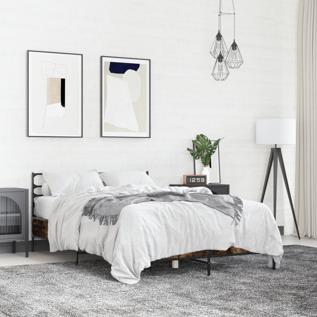 Bed Frame Smoked Oak 135 x 190 cm Wood Based Panel and Metal
