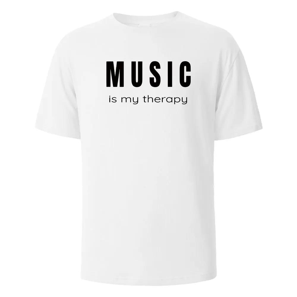 Musik är min terapi Tryck T-shirt Casual Kortärmade Toppar Sommar T-shirts För Män Kvinnor 100% Bomull O-hals Oversize Streetwear Topp
