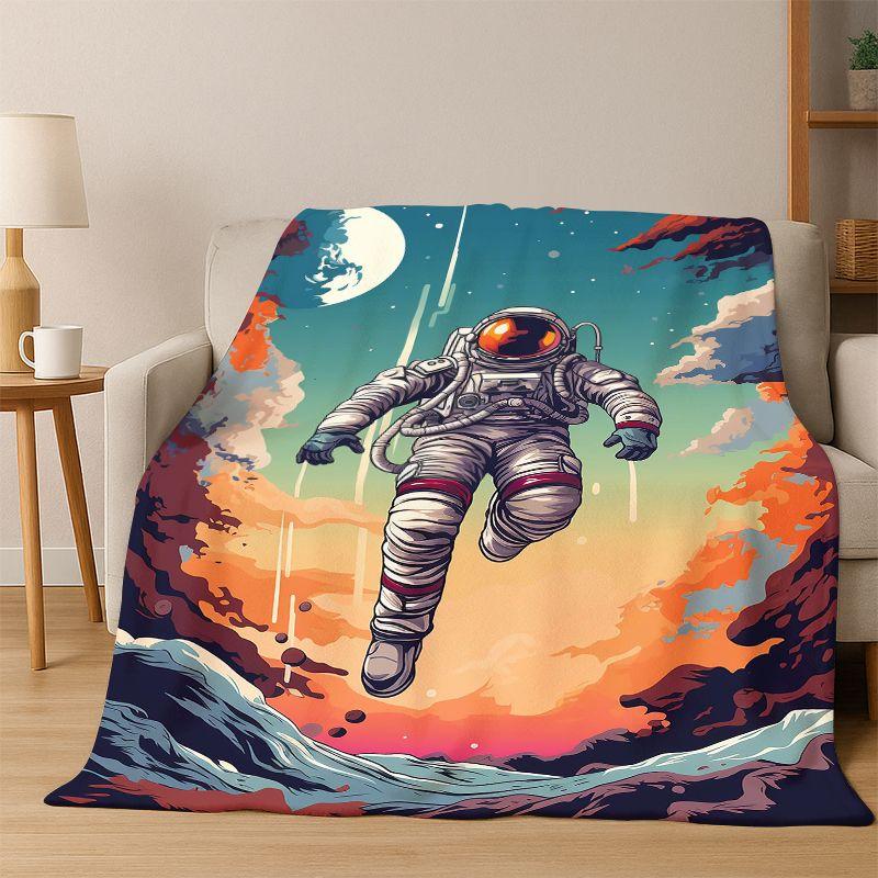 Cartoon Astronaut Universe Spaceman Outer Space Flannel Blanket Soft Warm Throw Blanket for Bedroom Living Room Bed Travel kids
