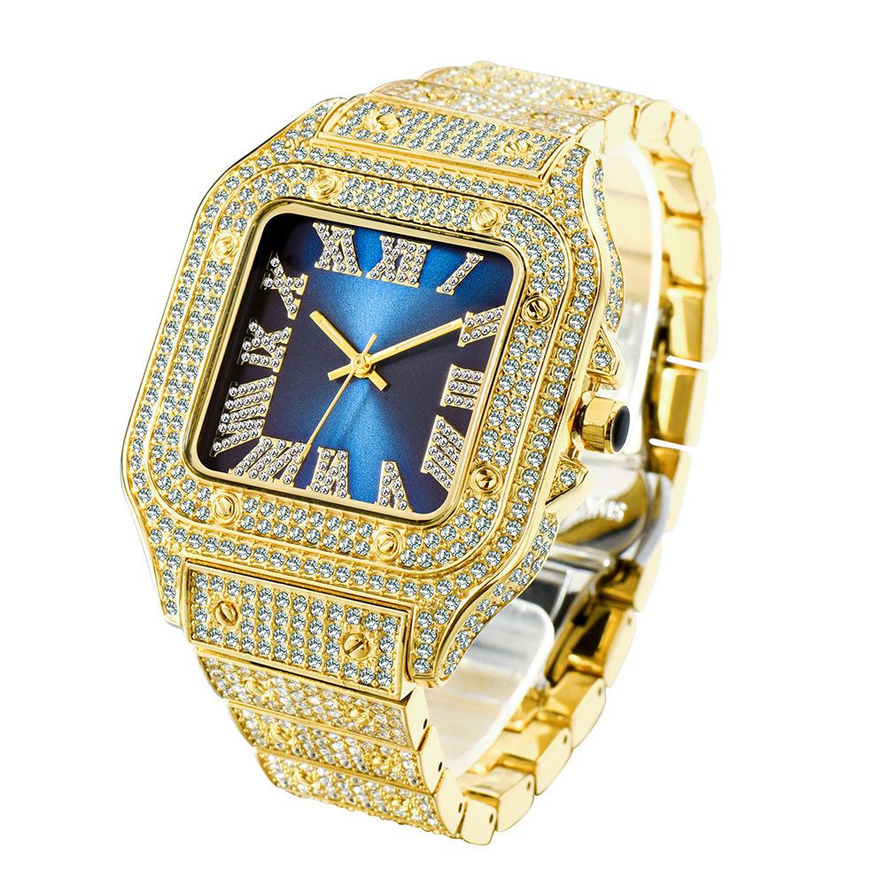 MISSFOX Luxury Diamond Watches for Men Hip Hop Style Bling Bling Iced Out Wristwatch Fashion Square Stainless Steel Waterproof Clock