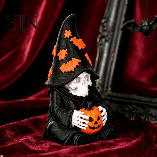 Atmospheric Entrance Decorations Halloween Skeleton Wizard Figurine, 3D Printed Gothic Statue with Mysterious Bookshelf Ornaments Pumpkin& Bat