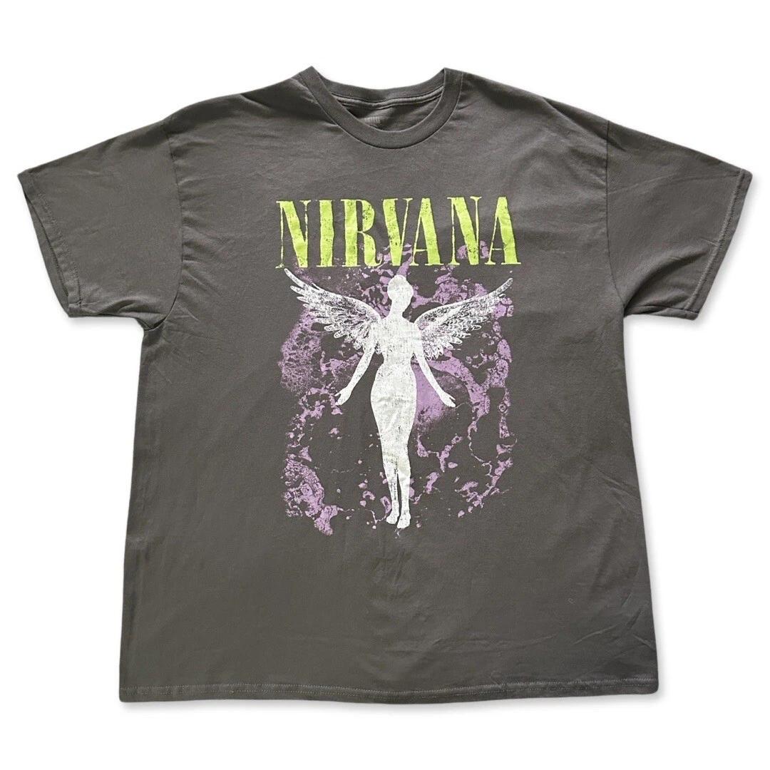 Nirvana Y2K Гранж Ангел с крыльями, Серая футболка, Мужская размер XL 2XL