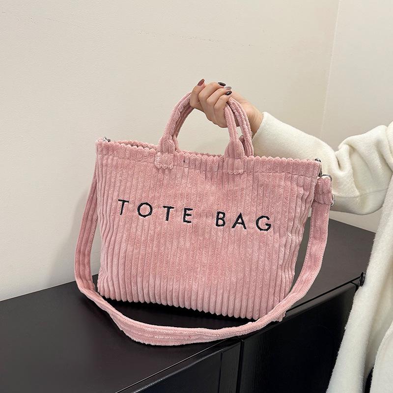 Women's 2025 Fashionable Corduroy Tote Bag with Letter Embroidery - Trendy Single Shoulder Handbag
