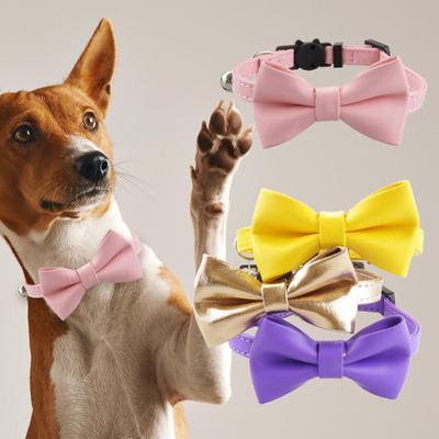 Cat Collar Adjustable Faux Leather Bowtie Pet Collar for Kitten Cats And Puppy Graduation Wedding Birthday Pet Party Collar with Copper Bell