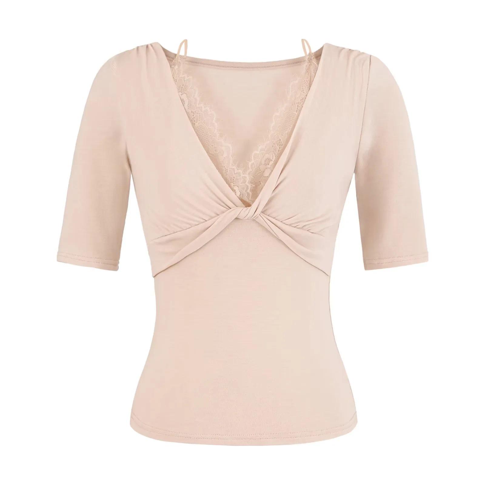 2026 Sexy Slim-Fit V-Neck Lace Patchwork Mid-Sleeve Women s T-shirt Medium