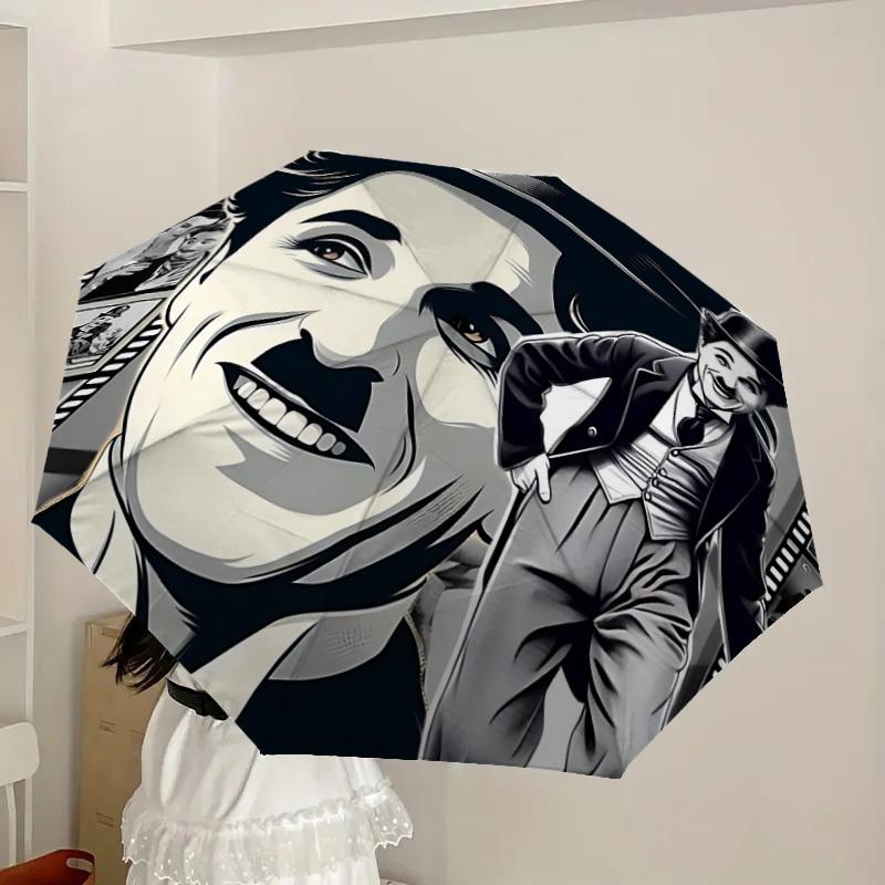 1 Stück Charlie Chaplin Filmstreifen Automatischer Faltregenschirm, Tragbares faltbares Design, Lässiges Outdoor-Accessoire L1127056